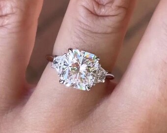 3.00tcw Cushion Three Stone Ring | Trapezoid Side Stones | IGI Certified