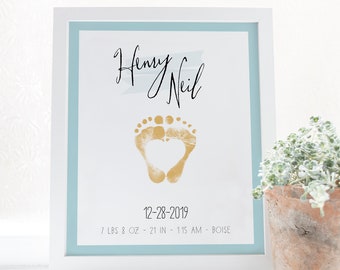 Baby Footprint Art Newborn Baby Boy Birth Poster Nursery Wall Art, Birth Stats Baby Fooptrint Wall Art Poster for Boys