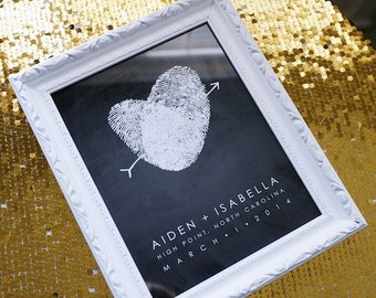 Chalkboard Style Unique Modern Wedding Decor, Guest Book Alternative with Your Fingerprints Black and White Gold