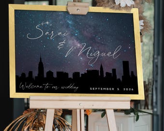 Starry Night Wedding Welcome Sign: City Skyline Scene