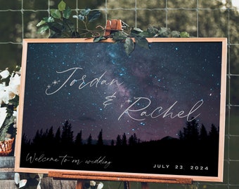 Starry Night Wedding Welcome Sign: Galaxy Mountain Scene