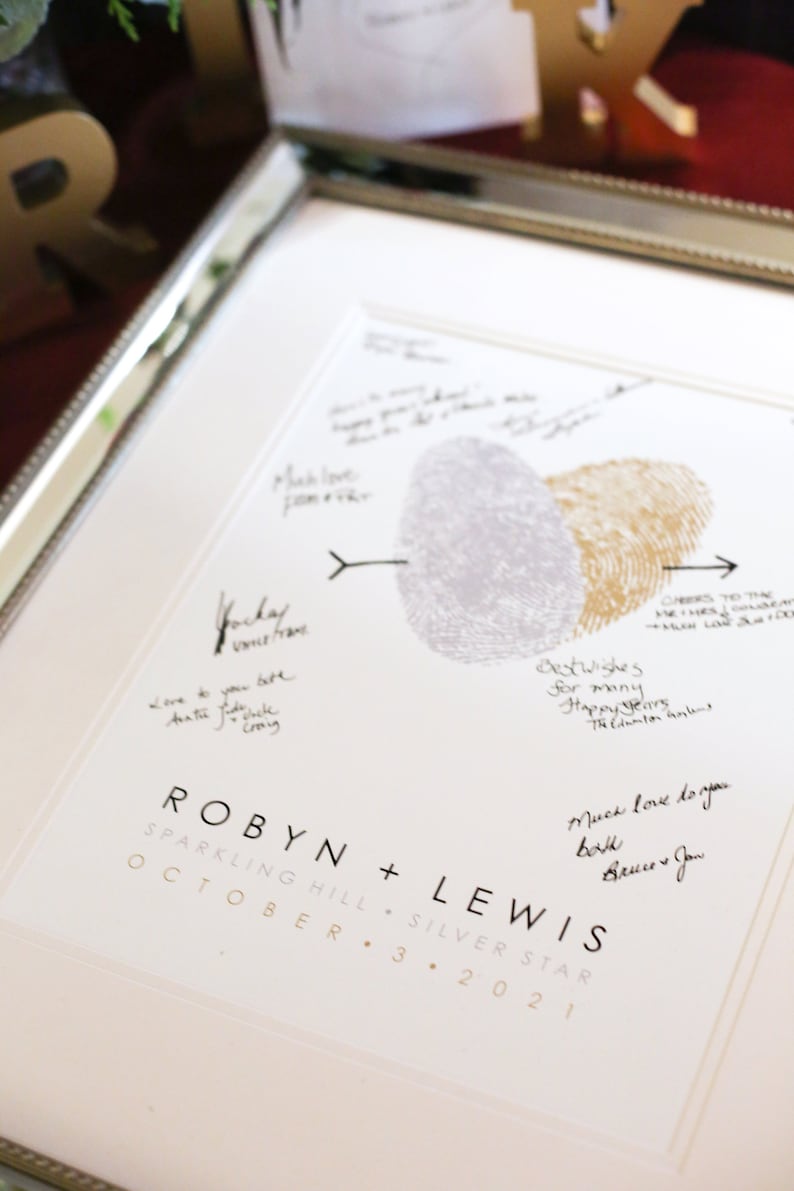 Wedding guest signatures surround a heart made from two fingerprints from the wedding couple.  The artwork is displayed in a frame as a wedding guest book alternative.