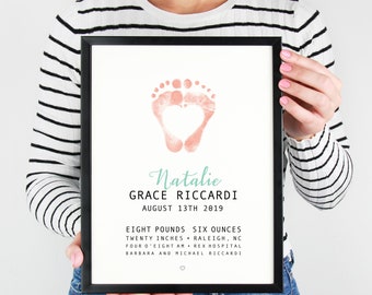 Baby Footprint Art Birth Poster Nursery Name Wall Art, Personalized Baby Birth Stats Newborn Baby Girl Gift