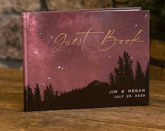 Celestial Mountain Wedding Guest Book, Starry Galaxy Night Sky Theme