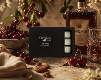 Pastillas de cera aromática Lago Como – Aroma a Amaretto y Cereza – Cubos de cera de soja de lujo – Fragancia para el hogar con aroma intenso – Caja de regalo – 24 pastillas