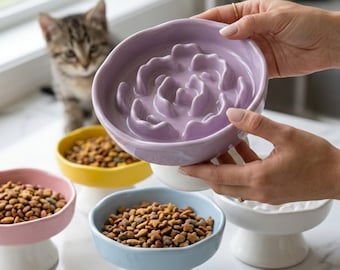 Raised Ceramic Slow Feeder Pet Bowl – Elevated Cat Dish Whisker Relief Microwave Safe