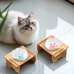 Erhöhte Keramik-Haustierschale mit verstellbarem Holzständer, Erhöhte Katzen- und Hundeschale, Futterstation, Katzenfutter, Haustiergeschirr