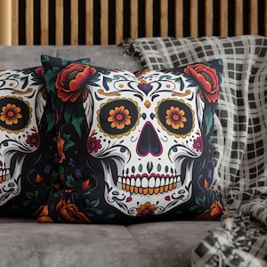 Sugar Skull Day of the Dead Halloween Pillow Cover, Spooky Decor, Halloween Decor, Spun Polyester Pillowcase, Day of the Dead Pillow, Gift