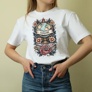 Traditional Tattoo Style Unisex T-Shirt, Book and Florals Graphic Tee, Vintage Tattoo Shirt, Retro Tattoo Art Tee, Tattoo Lover Gift, Tattoo