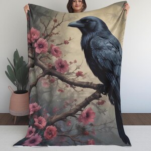 Raven with Moody Florals Throw, Soft Cozy Blanket, Winter Home Decor, Gothic Home Accessories, Gift for Nature
