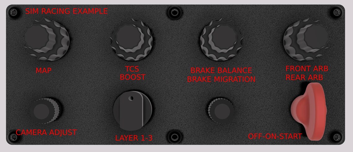May include: A black panel with a variety of knobs and switches. The panel has the text 'SIM RACING EXAMPLE' at the top. The knobs are labeled 'MAP', 'TCS BOOST', 'BRAKE BALANCE BRAKE MIGRATION', 'FRONT ARB REAR ARB', 'CAMERA ADJUST', 'LAYER 1-3', and 'OFF-ON START'. The switches are labeled 'MAP', 'TCS BOOST', 'BRAKE BALANCE BRAKE MIGRATION', 'FRONT ARB REAR ARB', 'CAMERA ADJUST', 'LAYER 1-3', and 'OFF-ON START'. The panel is likely used for controlling a racing simulator.