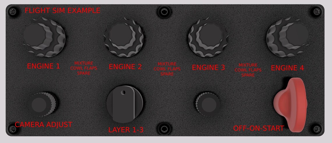 May include: A black control panel with four engine controls, each with a knob and a label. The labels read 'Engine 1', 'Engine 2', 'Engine 3', and 'Engine 4'. Below the engine controls are two smaller knobs labeled 'Camera Adjust' and 'Layer 1-3'. On the right side of the panel is a red button labeled 'Off-On-Start'. The panel is labeled 'Flight Sim Example' at the top.