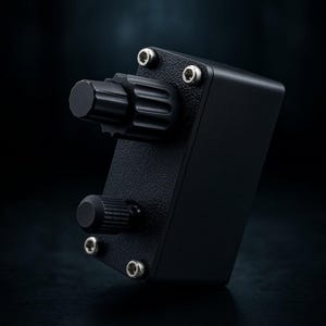 May include: A black rectangular electronic control box with a textured finish, featuring two black rotary knobs of different sizes on the front face. The device is secured with four silver-colored hexagonal screws at the corners of the faceplate.