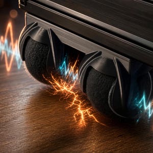 May include: A pair of black suitcase wheels attached to the base of a dark luggage case. The wheels are surrounded by glowing, jagged light patterns in shades of electric blue and bright orange that emanate from the contact point on the floor.
