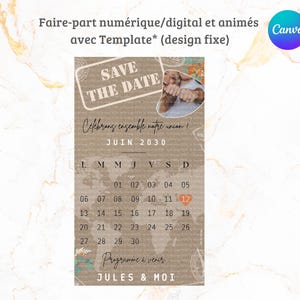 Può includere: Un biglietto di 'Save the Date' con un'estetica vintage. Il biglietto presenta un calendario con un cuore che segna il 12 giugno 2030. Il testo 'Save the Date' è in stile vintage. Il biglietto include anche una foto di una coppia e il testo 'Célébrons ensemble notre union!' che si traduce in 'Celebriamo insieme la nostra unione!'