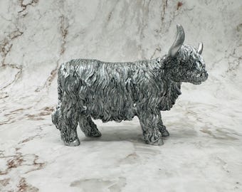 Silver Highland Cow Figurine - Highland Coo Statue - Realism Art - Outdoor/Indoor Ornament - Highland Cow Art - Coo Art - Collectables