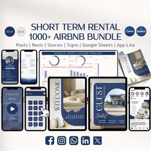 Airbnb Welcoming Bundle, Airbnb Template, Digital Interactive & Printable Welcome Books, VRBO Templates, Airbnb Instagram, Host Bundle, BLUE