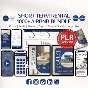 Airbnb Welcoming Bundle PLR Licensed, Digital Interactive & Printable Welcome Books, VRBO Templates, Airbnb Instagram, Host Bundle, BLUE