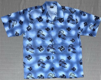 South Pole Mens Button Up Shirt XL Blue Graphic Print All Over