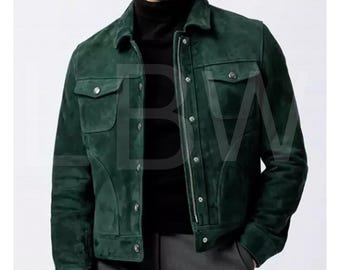 Handmade Men&#39;s Green Suede Leather Trucker Jacket*American Western Denim Style Shirt Jacket* Classic Slim Fit Motorcycle Cowboy Suede Jacket