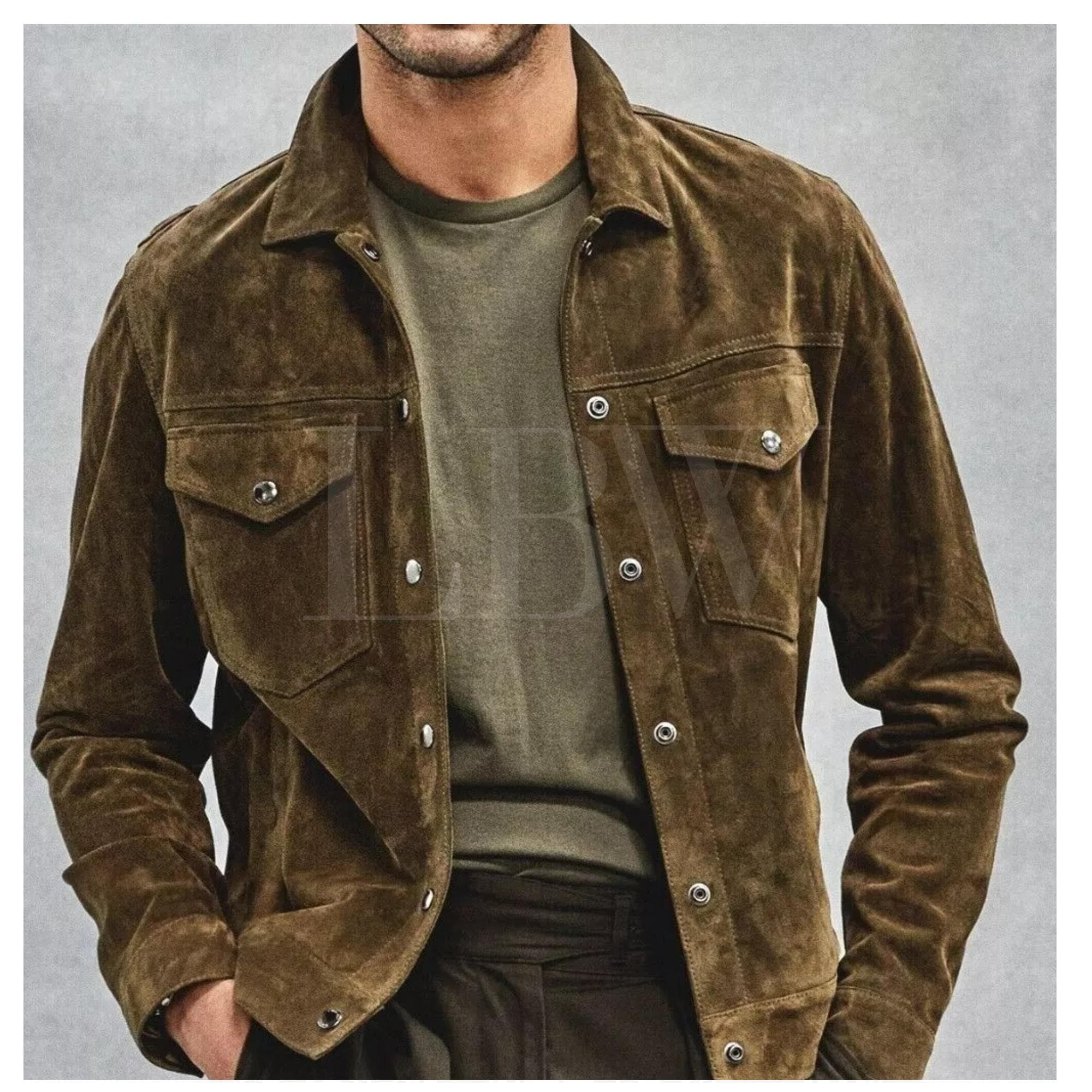 Handmade Men's Olive Green Suede Leather Trucker Jacket*American Western Denim Style Shirt Jacket* Classic Slim Fit Motorcycle Cowboy Jacket