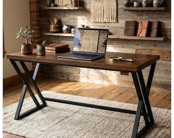 Handmade Long Writing Computer Desk Industrial Style, Large Wood Metal Desk for Home Office Study Gaming Student Table