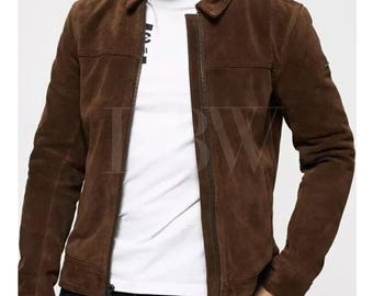 Handmade Men&#39;s Dark Brown Suede Leather Trucker Jacket*American Western Denim Style Shirt Jacket* Classic Slim Fit Motorcycle Cowboy Jacket