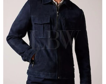 Navy Blue Handmade Men&#39;s Suede Leather Trucker Jacket*American Western Denim Style Shirt Jacket* Classic Slim Fit Motorcycle Cowboy Jacket