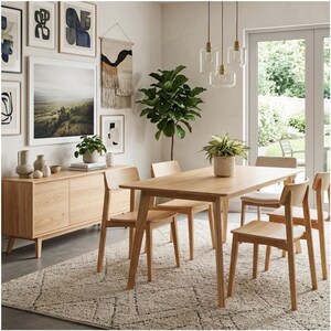 May include: A light wood dining set featuring a rectangular table and four matching chairs, a long sideboard cabinet, a large potted fiddle leaf fig plant, a textured area rug, and three glass pendant lights hanging above the table.