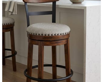 Handmade Rustic Industrial Swivel Bar Stool with Cushion, Wood Metal Counter Height Barstool for Kitchen Island Seating