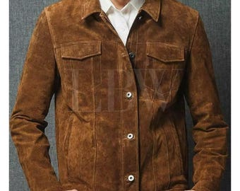 Handmade Men&#39;s Brown Suede Leather Trucker Jacket*American Western Denim Style Shirt Jacket* Classic Slim Fit Motorcycle Biker Cowboy Jacket