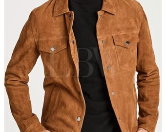 Handmade Men&#39;s Brown Suede Leather Trucker Jacket*American Western Denim Style Shirt Jacket* Classic Slim Fit Motorcycle Biker Cowboy Jacket