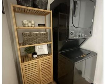 Bamboo Bathroom Organizer Cabinet, 66 Inch Narrow Floor Storage Cabinet with Open Shelves and Doors
