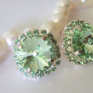 Mint Earring,August Jewelry Gift,Statement Crystal Bridal Earring,Chrysolite Swarovski® Stud Earring,boucles d&#39;oreilles,12mm Rhinestone