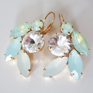 Statement jewelry,Mint Opal Earrings,Seafoam Cluster Bridal Earrings,Ombre Mint,Cocktail Chandelier Earrings,Rhinestone Luxury Jewelry