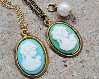 Cameo Necklace white Pearl,Mother's day gift,Blue Lady,Victorian Vintage necklace,Anniversary Gift,Antique style Edwardian necklace,Brass