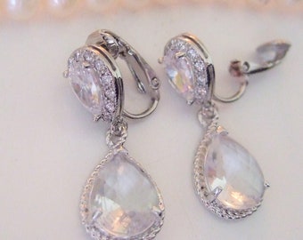 Pendientes de pedrería nupcial, pendientes de clip, joyería Art Déco, pendientes de declaración CZ de boda de cristal, pendientes de cristal transparente para orejas sin perforar