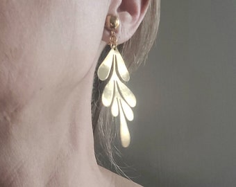 Statement Leaves Long Earring,Unique Clip On Earring,Geometric Textured Hammered Branch Earring,Abstract Golden Leaf Bridal Earring