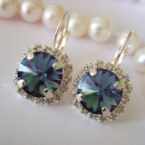 Montana blue Earring Silver,Crystal Sapphire Blue Earring,Bridal Earring,10mm Blue Rhinestone leverback Earring,Blue Wedding Jewelry