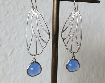 Blue Butterfly Wing Earring,March Birthstone Gift,Dragonfly Wing Earring,Unique gift to Her,Gift for Mom,Skeleton Wing Earring,Insect