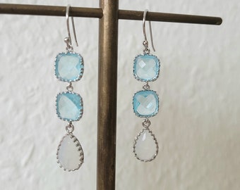 Chandelier Aqua Drop Earring,Three Tier Stone Earring,March Birthstone Gift,Triple Drop bezel set Faceted glass stones,Ocean Blue Earring