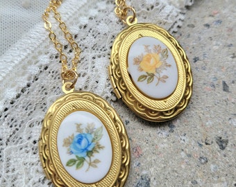 Floral Secret message locket,Blue Rose Necklace,Personalized Gift,Japanese cabochon,Antique Brass Victorian Vintage style,Oval PictureLocket