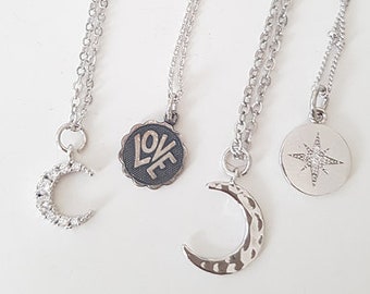 Moon necklace,Crescent jewelry,Star Necklace,Compass necklace,Inspirational,Dainty necklace,Coin,Delicate,Gift for Her,Stacking necklace