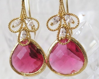 Rode kristal bruidsoorbel, rode kristallen oorbel, rode drop oorbellen, rode bruidssieraden, robijnrode oorbellen, vrouwelijke rode sieraden, januari geboortesteen
