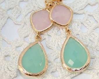 Pink Mint Blue Teardrop dangle Earrings,Pink Mint Earrings,Bridal Earrings,mint Blue Ice Pink double Drop Earring,Wedding Jewelry,Mint Julep
