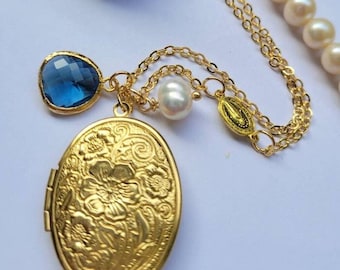 Birthstone Locket necklace,Secret message locket Virgin Mary,Religious Personalized Gift Mother,Vintage style Oval Picture Photo locket