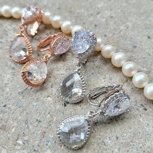 Unique Holiday gifts for women,Bridal Rhinestone,Clip on earring Silver or Rose Gold earring,Wedding Statement,Clear earrings unpierced ears