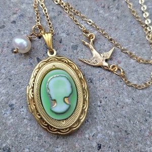 Vintage Lady Cameo Medaillon HALSKETTING Vogel, Kostbaar Sentimenteel Cadeau aan haar, Victoriaanse stijl Swallow SecretMessageLocket, Groene cabochon, Middeleeuws