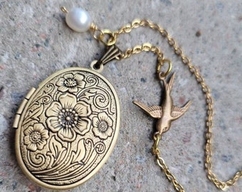 Birthstone Secret Message Locket & Bird,Brass Swallow Personalized Anniversary Gift,October,Vintage style necklace,Oval Picture Photo locket