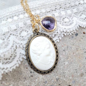 Birthstone Necklace,Cameo Necklace,Personalized Gift Birthday,Holiday Gift Idea,Mom Gift,White Lady Cameo,Vintage styleMedallion Necklace